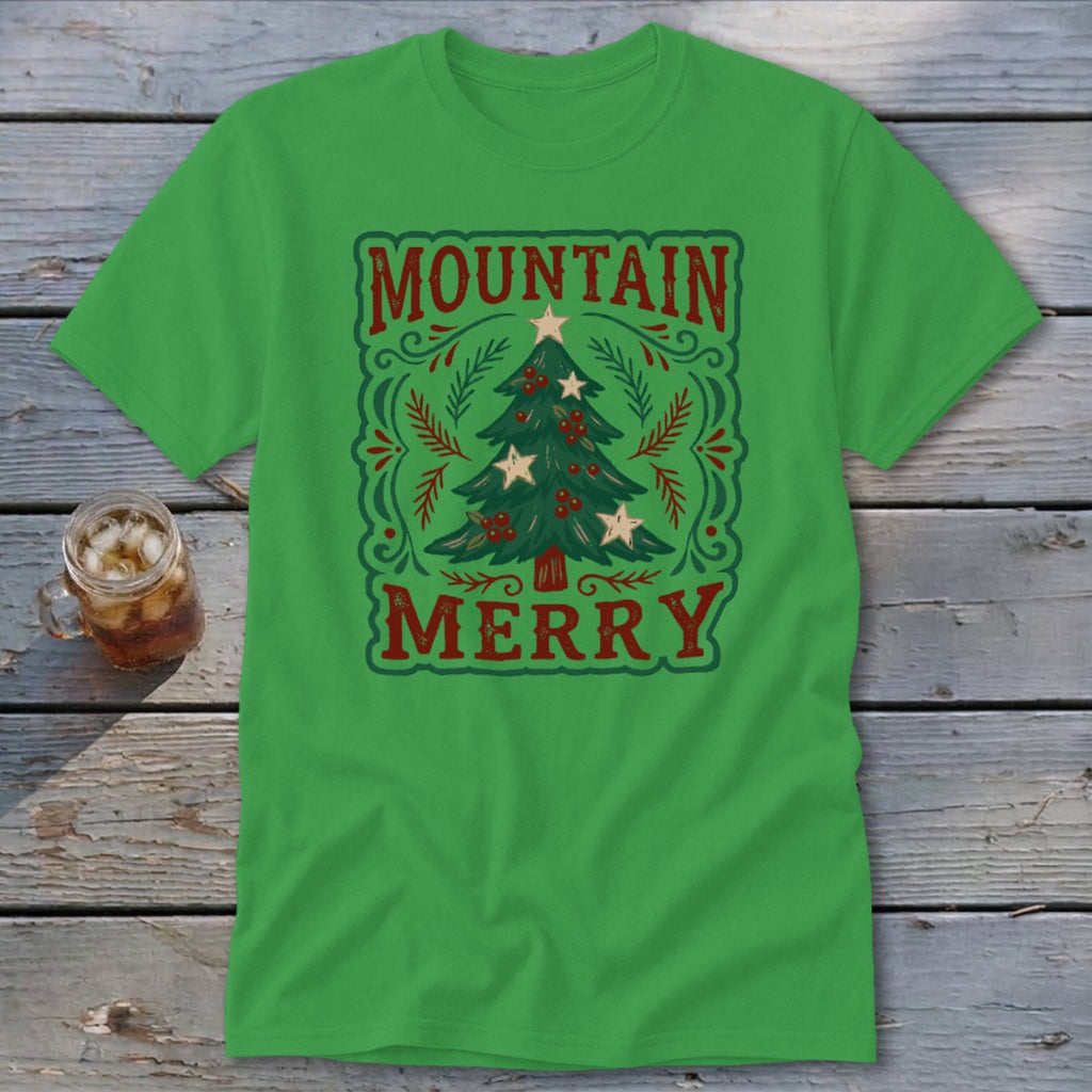 A bright green t-shirt with a vintage Christmas tree design and the text MOUNTAIN MERRY.