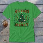 A bright green t-shirt with a vintage Christmas tree design and the text MOUNTAIN MERRY.