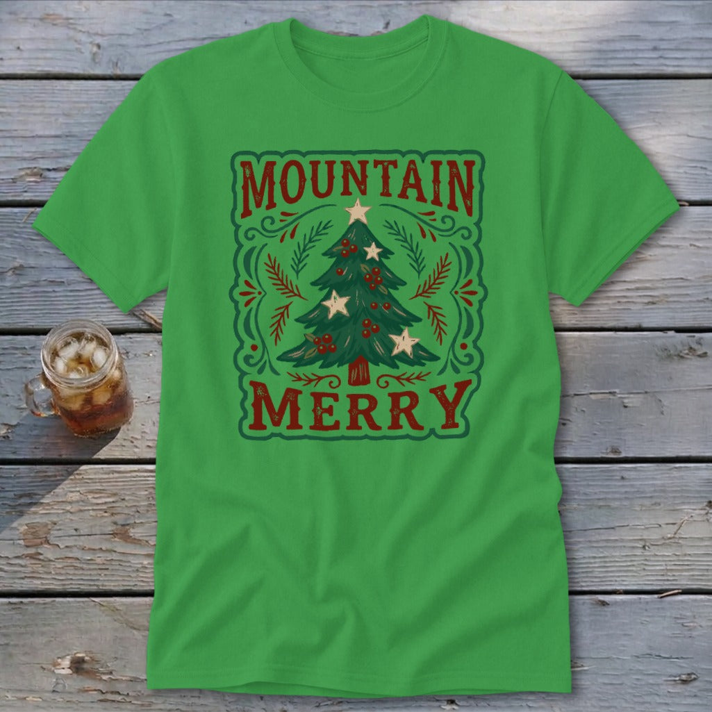 A bright green t-shirt with a vintage Christmas tree design and the text MOUNTAIN MERRY.