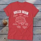 Red t-shirt with "Holler Brain" and humorous canning-related phrases pointing to a brain illustration.