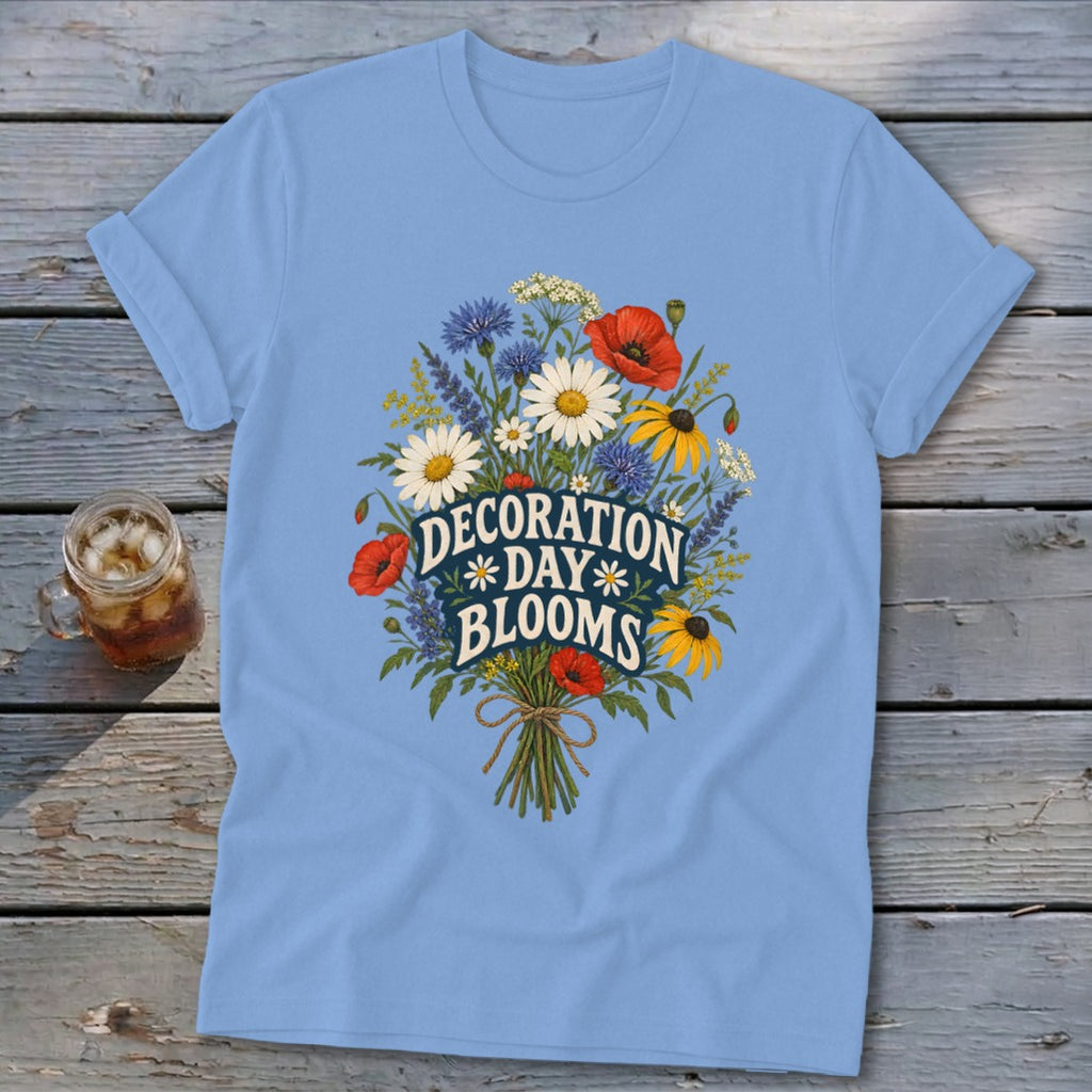 Light blue t-shirt with a floral arrangement and the text "Decoration Day Blooms."