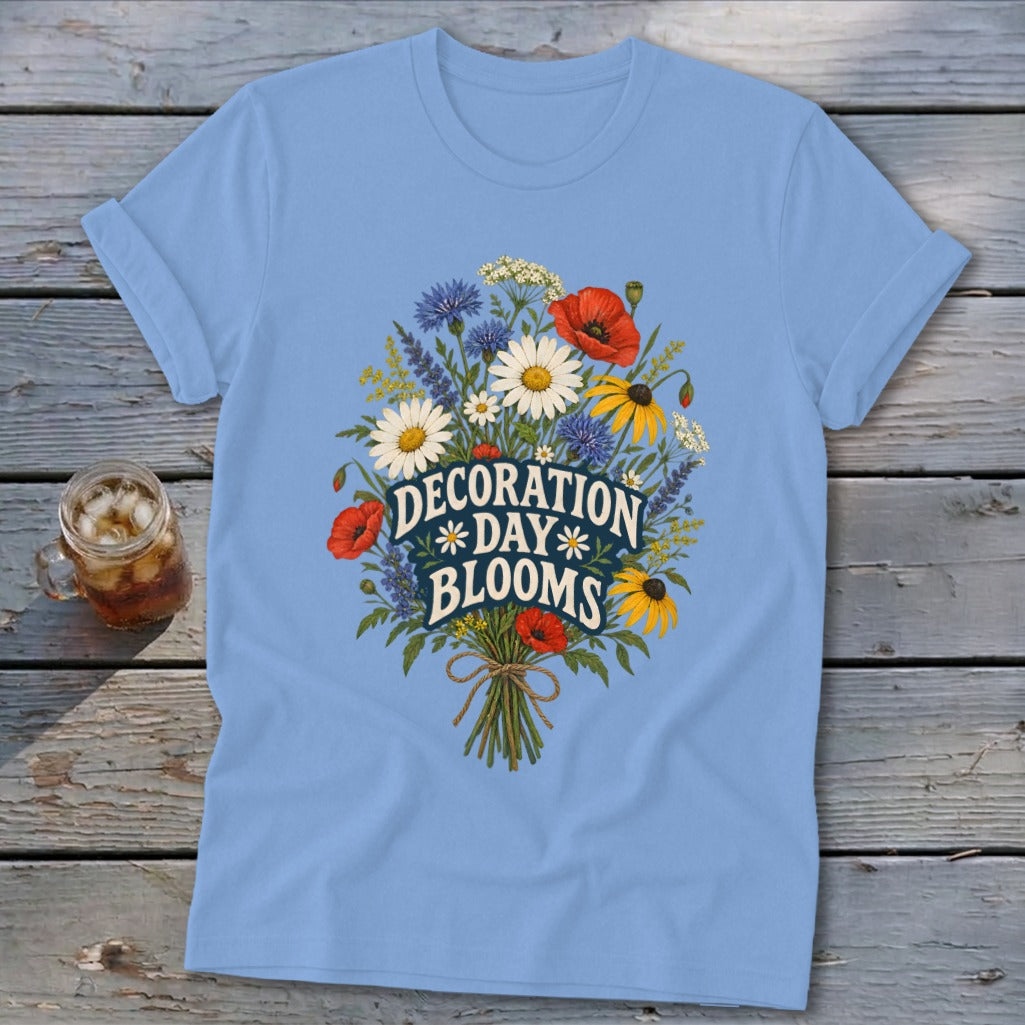 Light blue t-shirt with a floral arrangement and the text "Decoration Day Blooms."