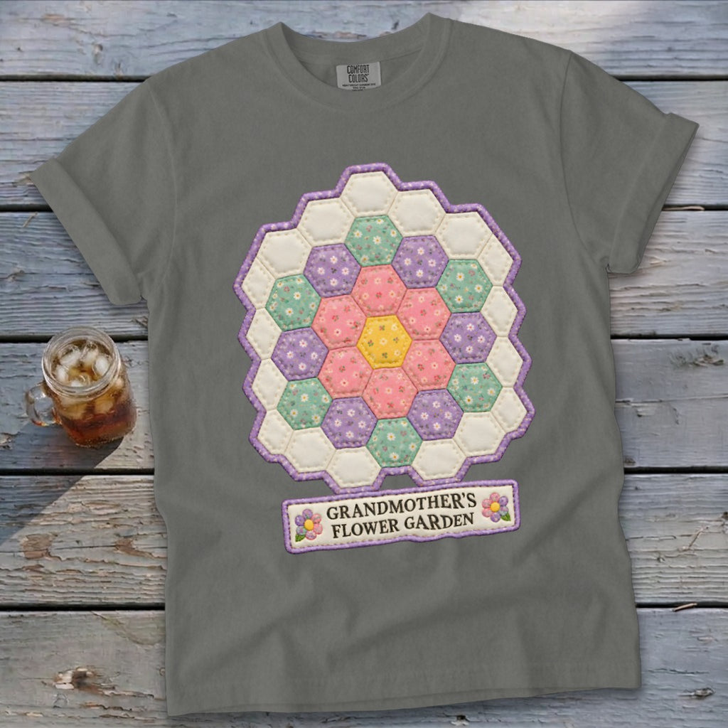 Gray t-shirt with hexagonal floral quilt design and "Grandmother's Flower Garden" text.