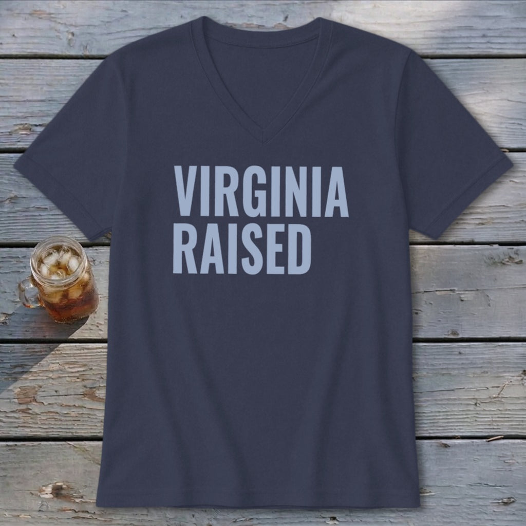 Navy v-neck t-shirt with "VIRGINIA RAISED" in light blue text.