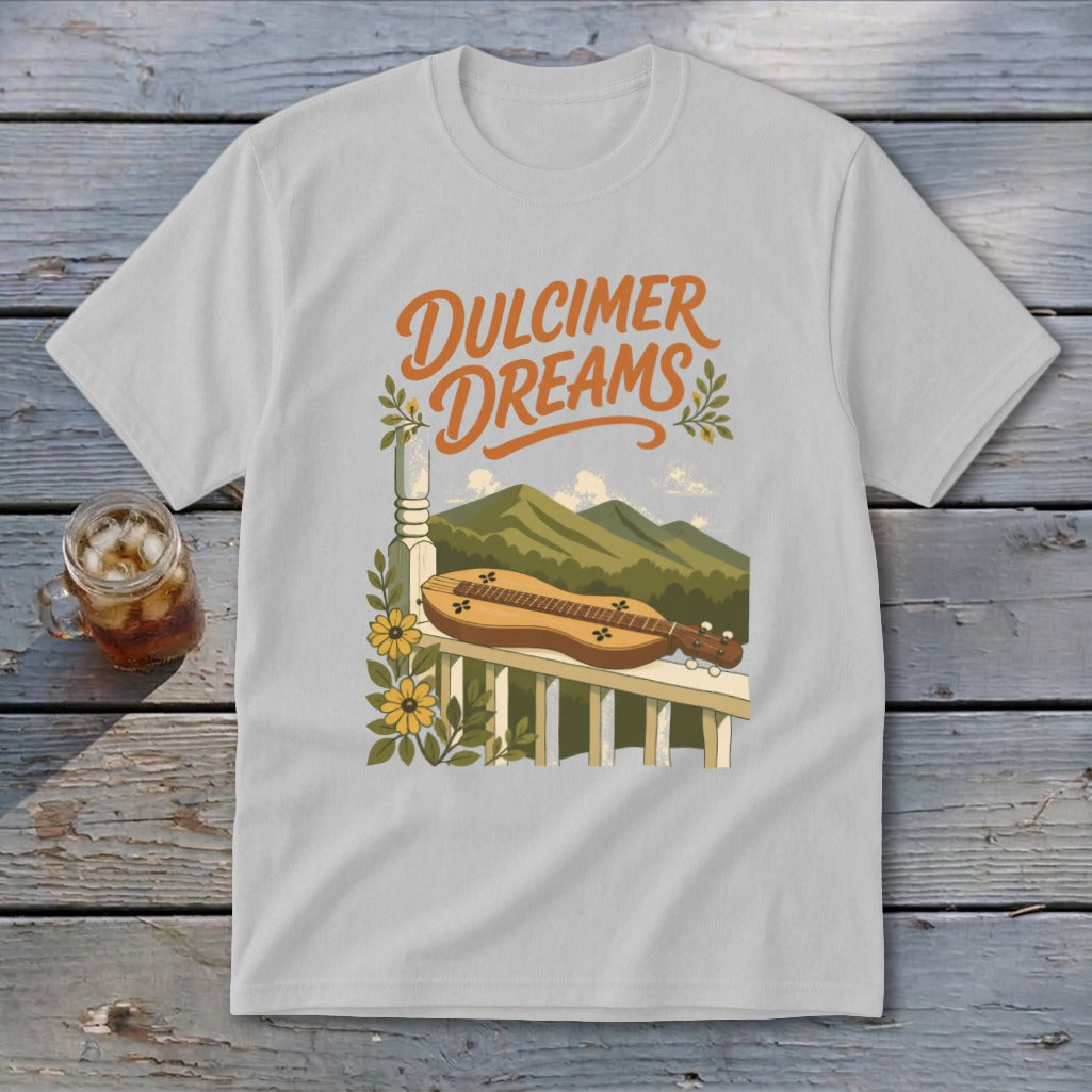 White t-shirt with "Dulcimer Dreams" text, dulcimer, and mountains.