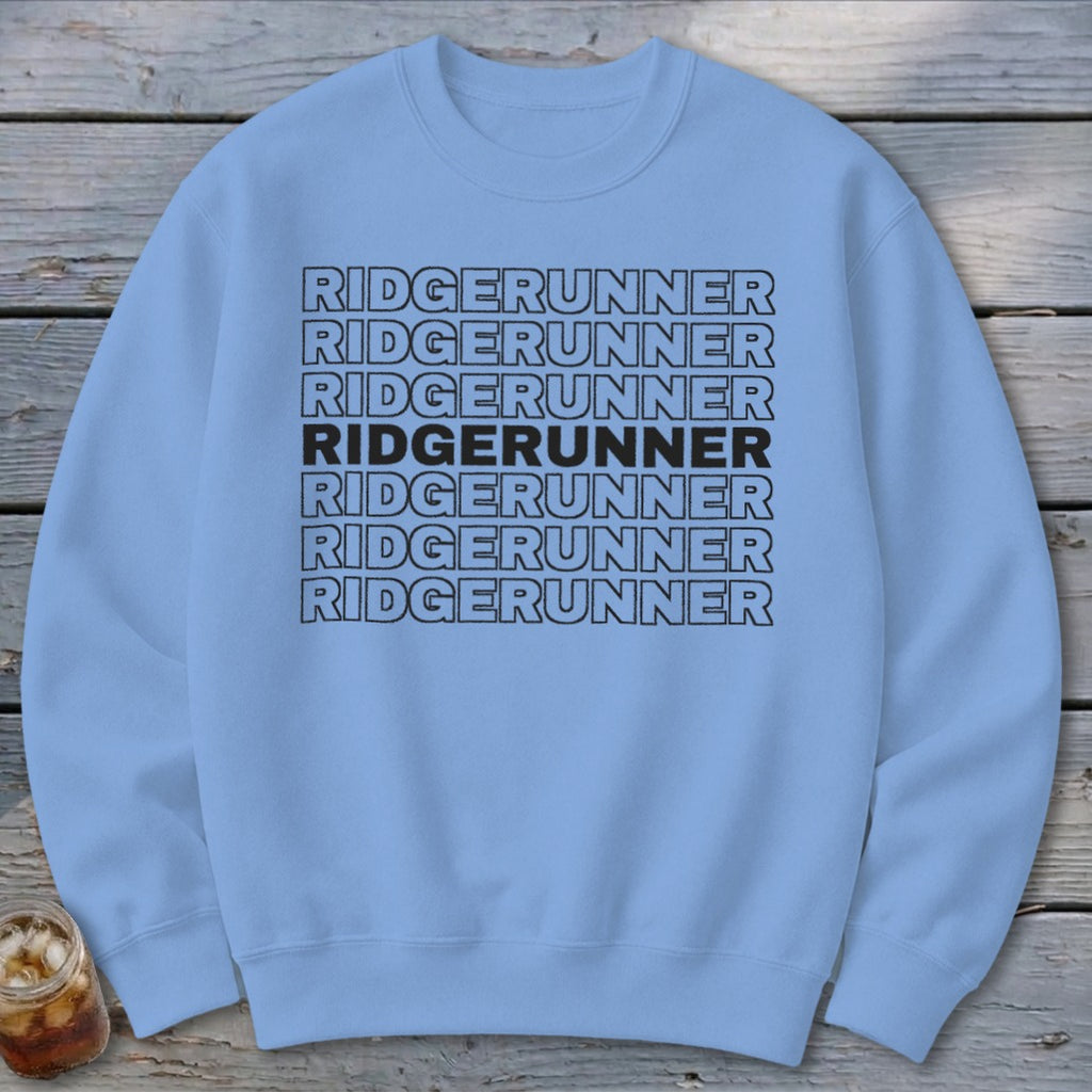 Light blue sweatshirt with repeated black text "RIDGERUNNER", one line bolded.