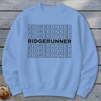 Light blue sweatshirt with repeated black text "RIDGERUNNER", one line bolded.