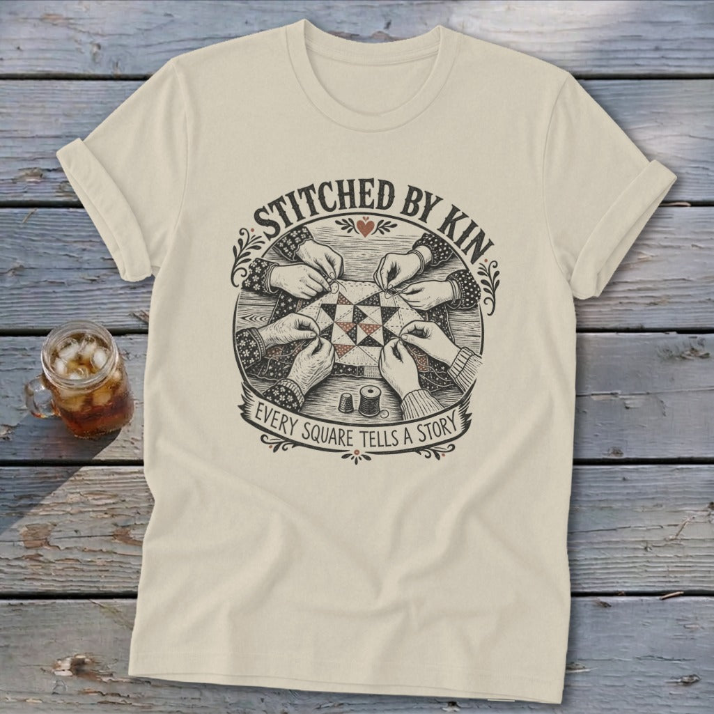 Cream t-shirt with "Stitched by Kin" and "Every Square Tells a Story" text, featuring hands sewing a quilt.