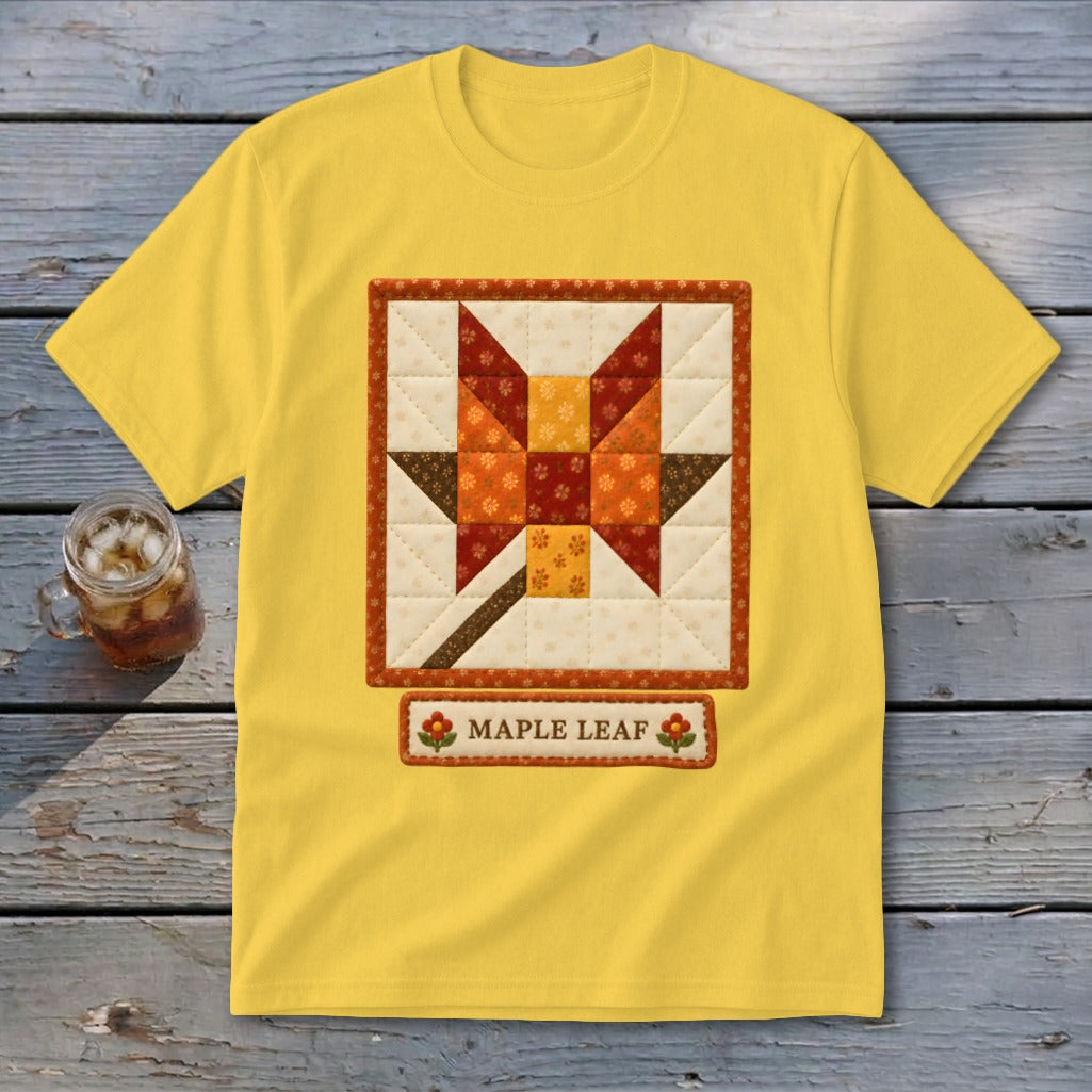 Yellow t-shirt with a quilted maple leaf design and "Maple Leaf" text.