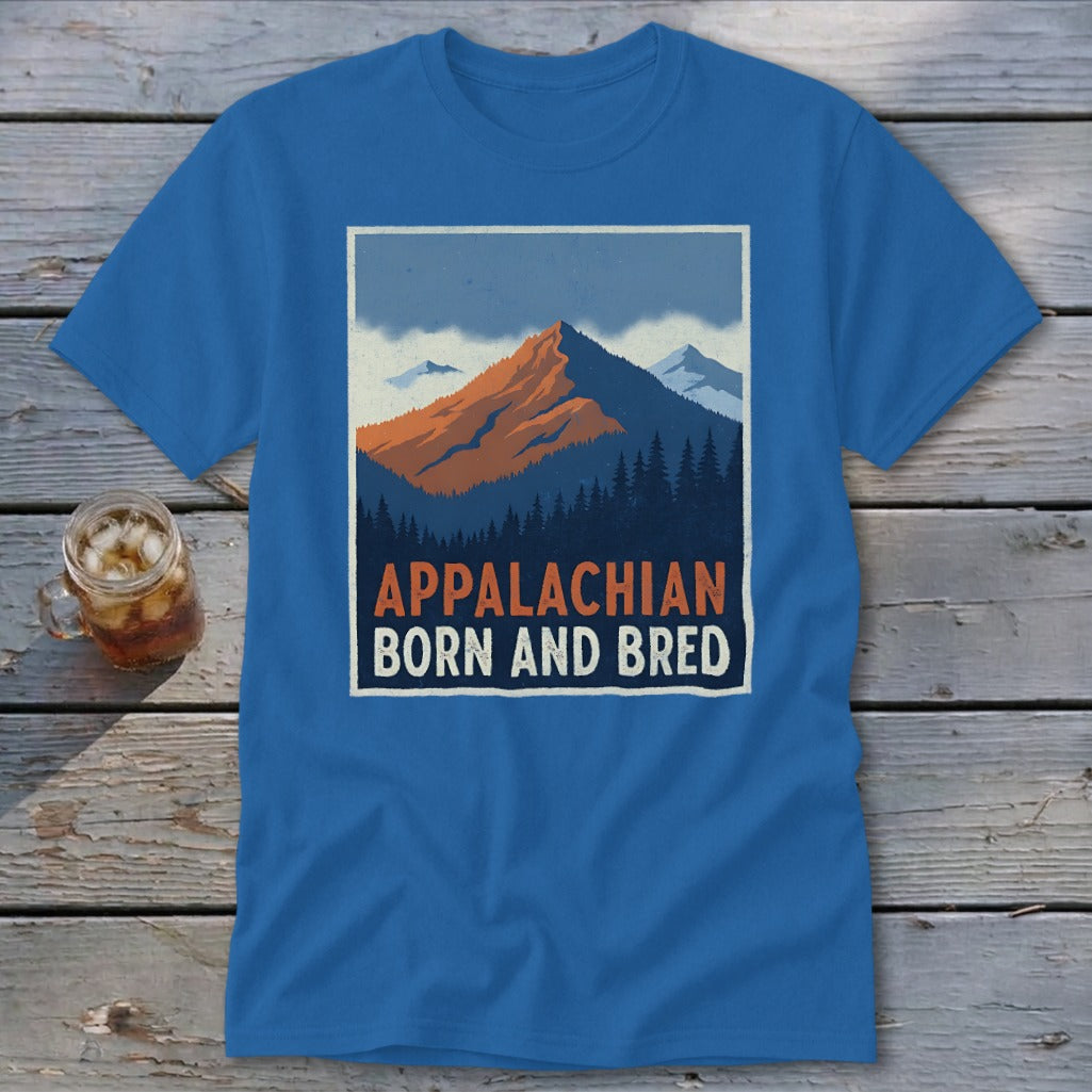 Blue t-shirt featuring a mountain graphic and the text Appalachian Born and Bred.