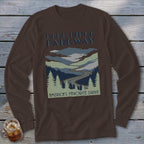 Brown long-sleeve t-shirt featuring a Blue Ridge Parkway graphic with mountains, winding road, and pine trees.