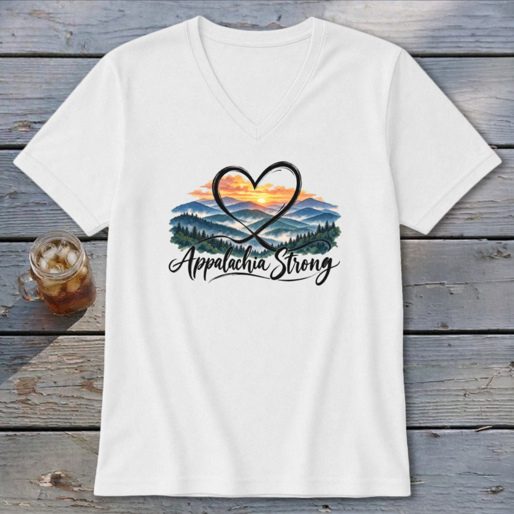 White t-shirt with heart over mountains and "Appalachia Strong" text.