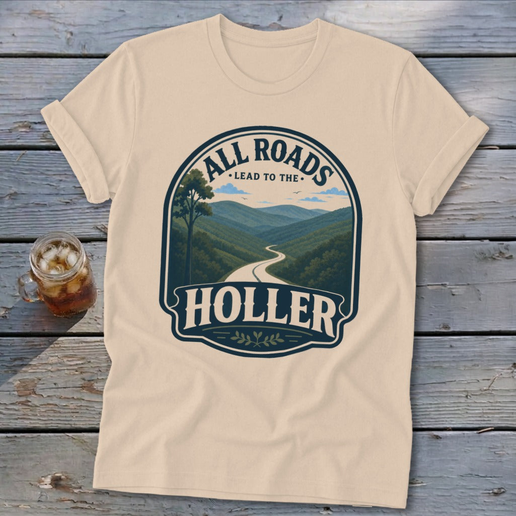 Cream t-shirt with "All Roads Lead to the Holler" text and mountain road design.