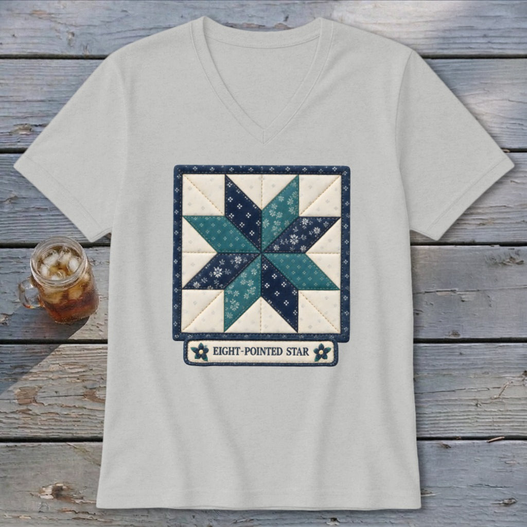 Light grey v-neck t-shirt with a quilted eight-pointed star graphic and "EIGHT-POINTED STAR" text.