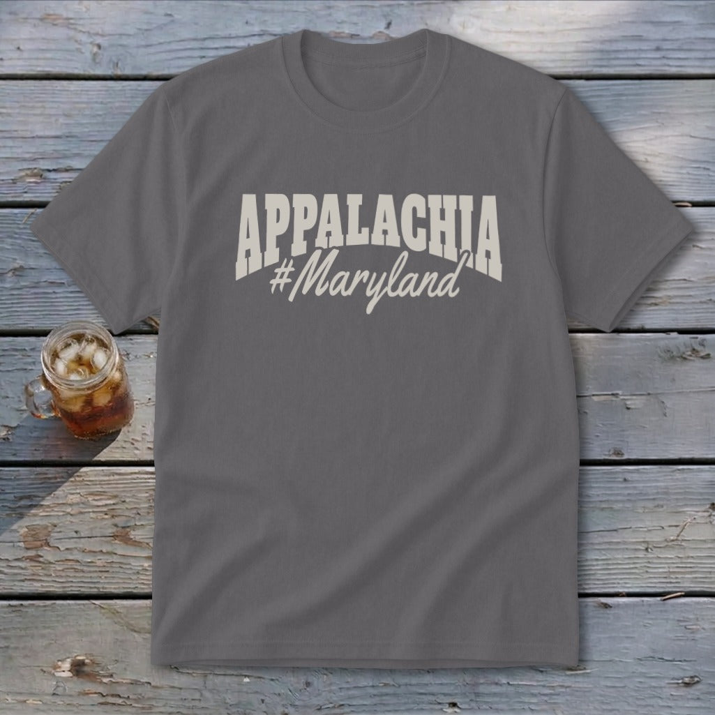 Gray t-shirt with "APPALACHIA #Maryland" printed in cream lettering.