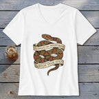 White v-neck t-shirt with coiled snake graphic and text: "RESPECT THE MOUNTAINS WATCH YOUR STEP."