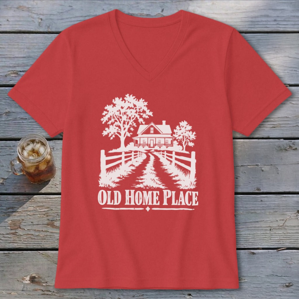 Red t-shirt with white graphic of a house, trees, fence, and text "OLD HOME PLACE".