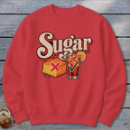 Red crewneck sweatshirt featuring a graphic of cornbread with a red X and iced tea with a green checkmark below the word Sugar.