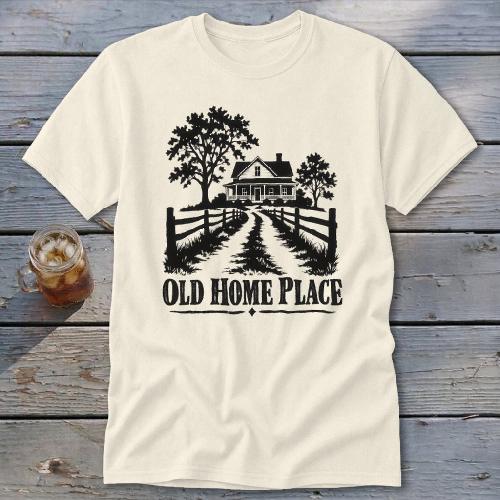 Cream t-shirt with black graphic of a farmhouse, trees, and text "OLD HOME PLACE".
