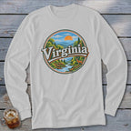 White long-sleeve shirt with a circular graphic of a Virginia landscape and deer.