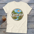 Cream t-shirt with vintage Georgia landscape graphic and deer.