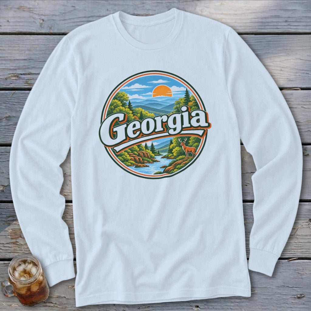 Circular graphic with "Georgia" text and a scenic landscape of mountains, river, and a deer.