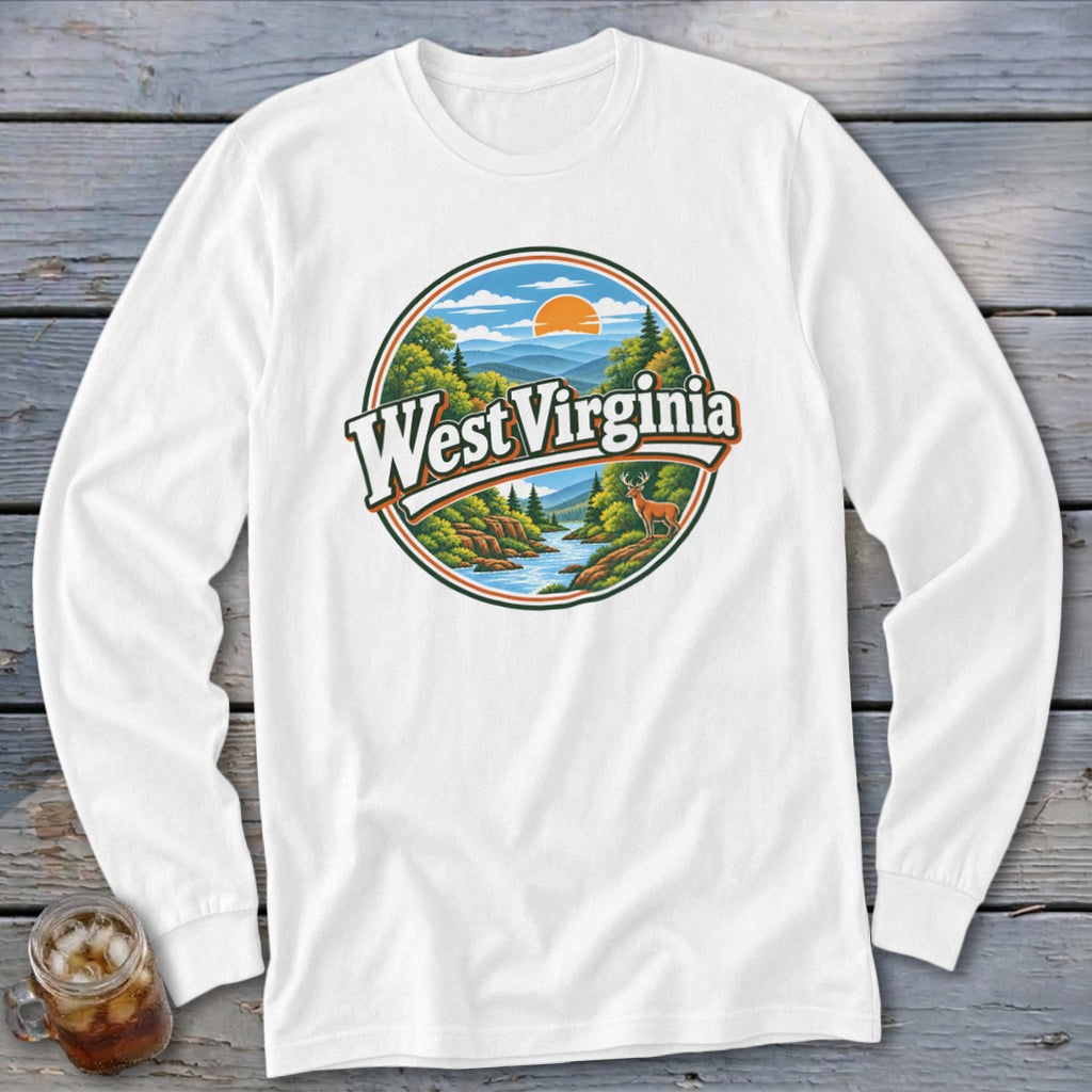 White long-sleeve shirt with a circular West Virginia mountain and river graphic.