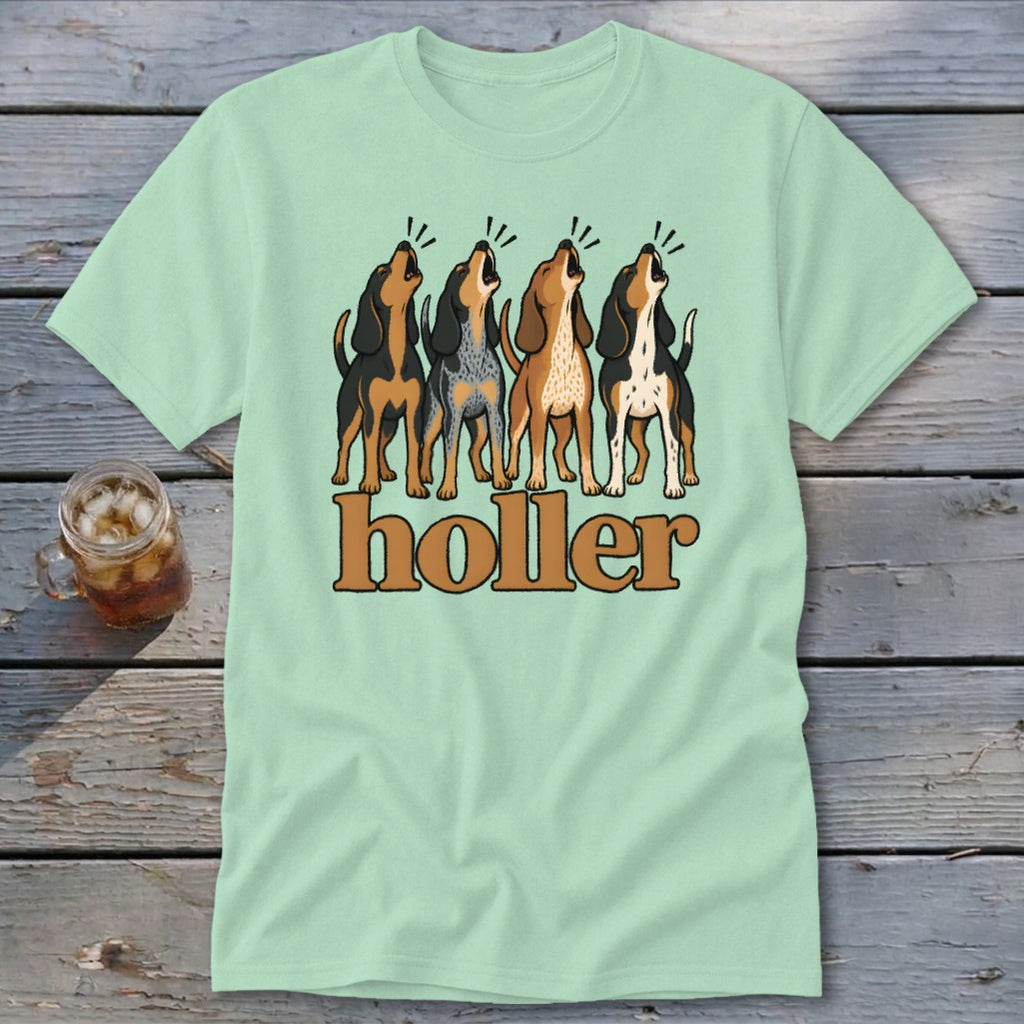 Light green t-shirt with four hounds howling above the word "holler".