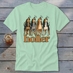Light green t-shirt with four hounds howling above the word "holler".