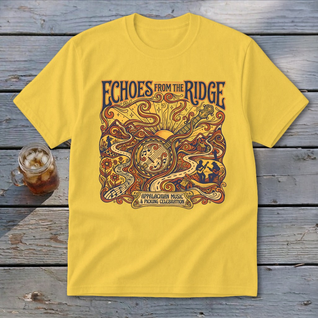 Yellow t-shirt with "Echoes From The Ridge Appalachian Music & Picking Celebration" graphic.