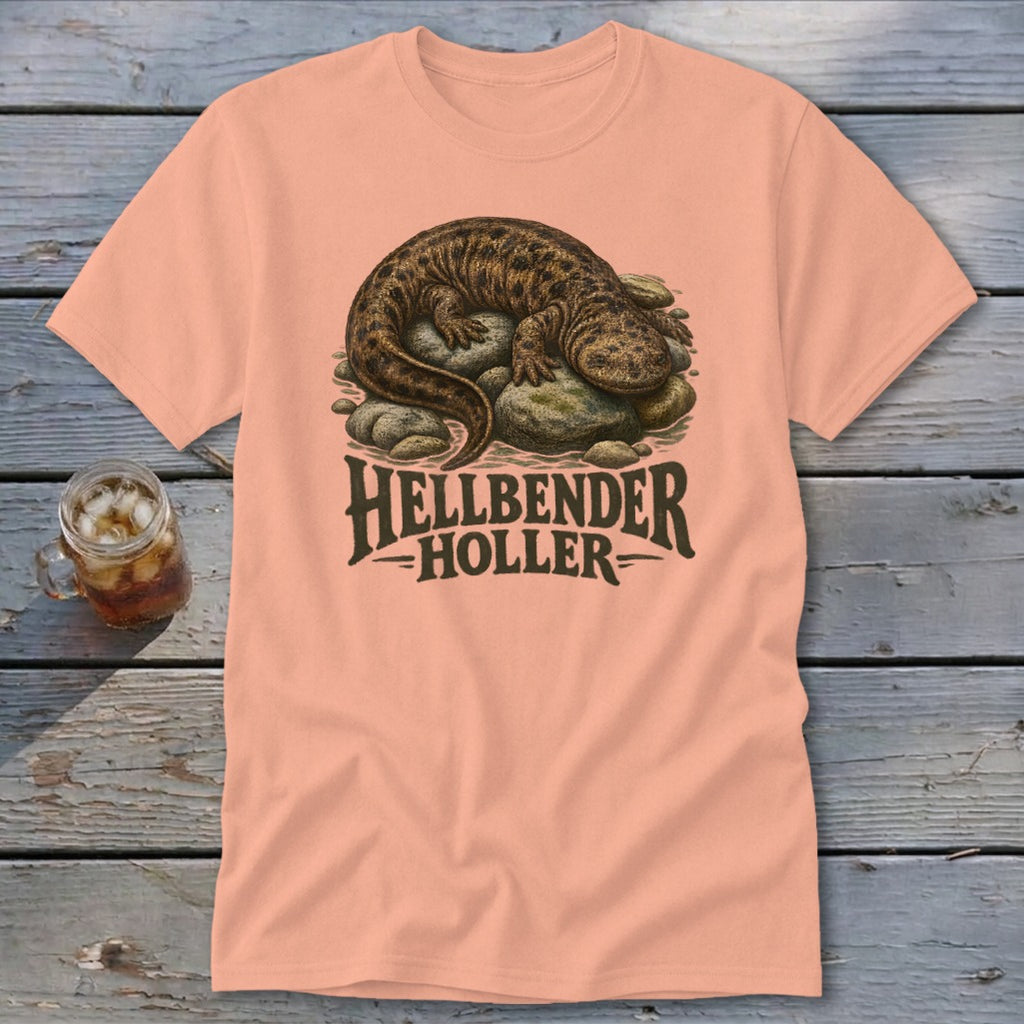 Peach t-shirt with a hellbender salamander graphic and "HELLBENDER HOLLER" text.