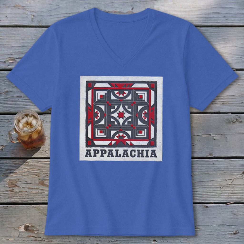 Blue V-neck t-shirt featuring a red, black, and white quilt square design with the text Appalachia.