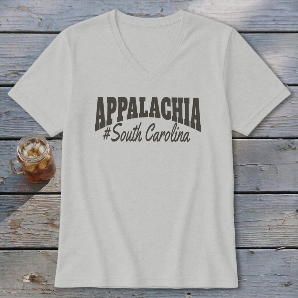 Light grey v-neck t-shirt with "APPALACHIA #South Carolina" graphic.
