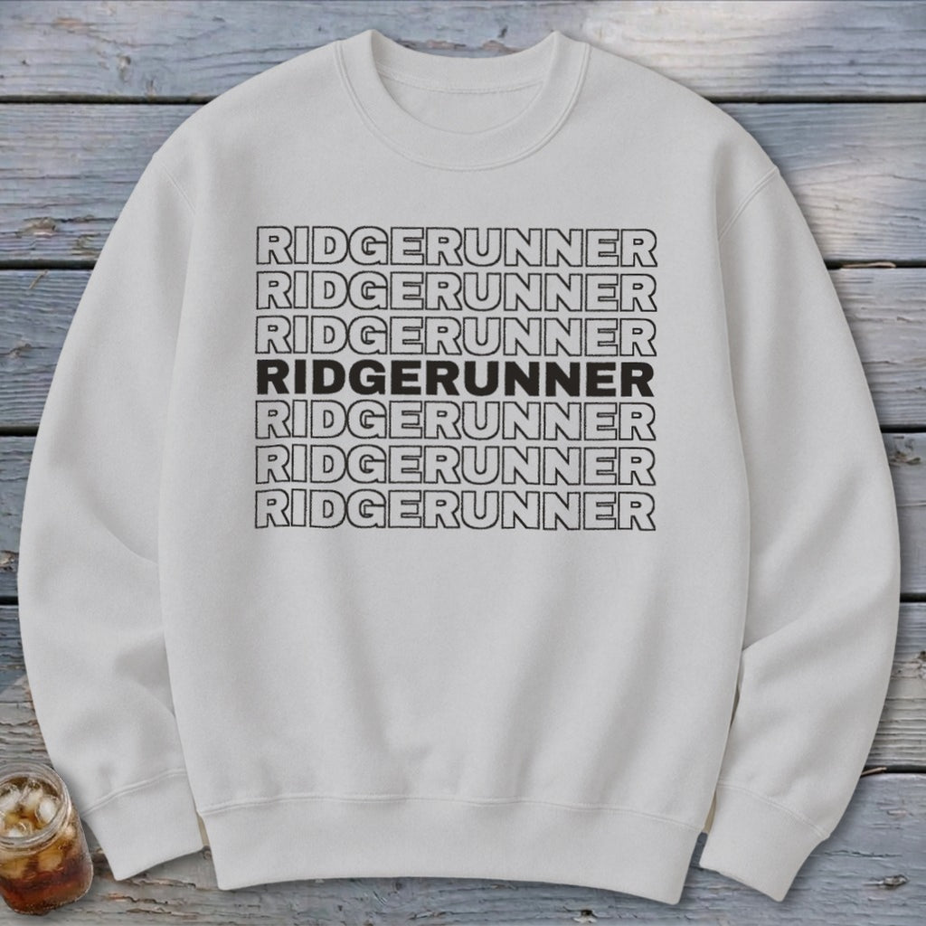 White crewneck sweatshirt with stacked black text reading "RIDGERUNNER".