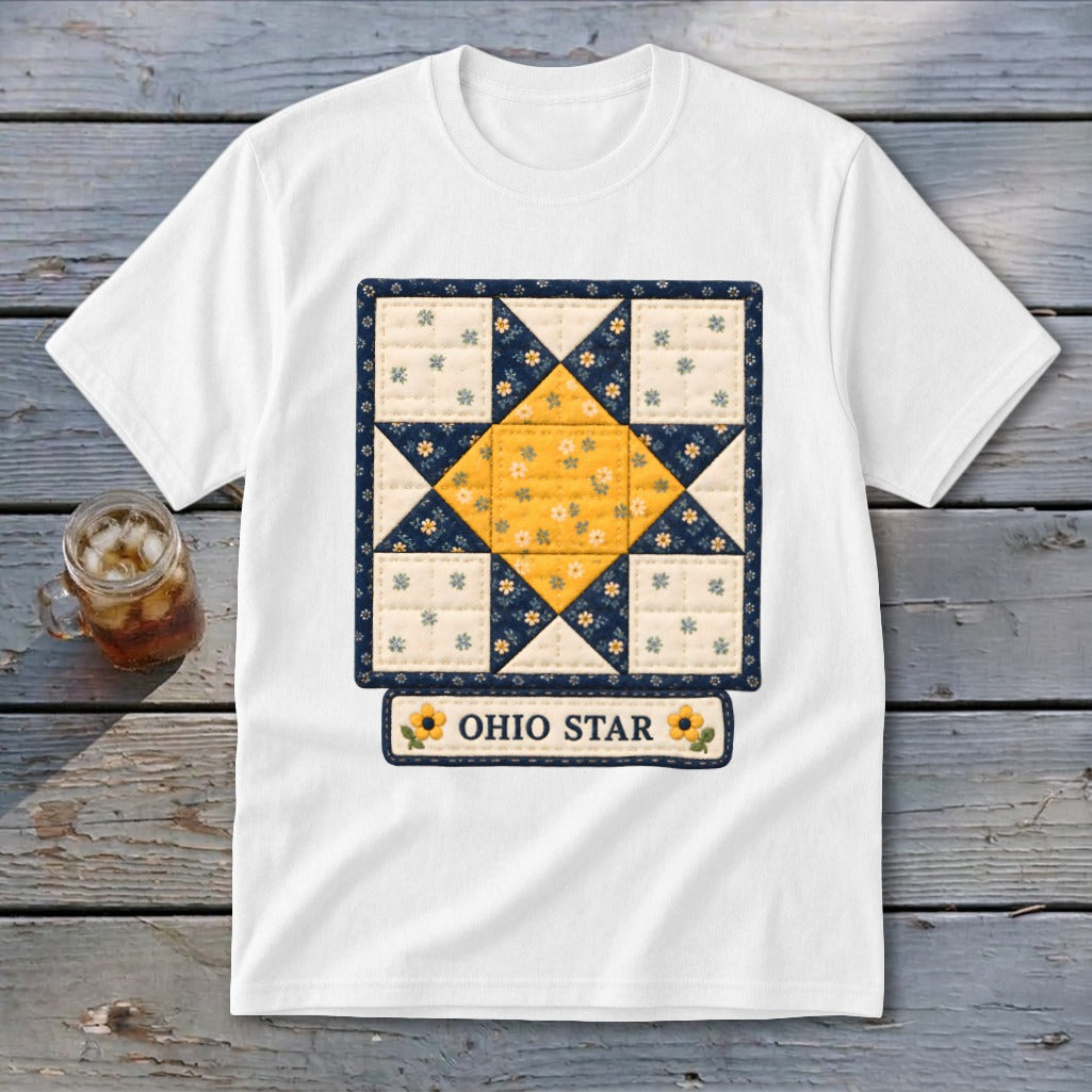White t-shirt featuring an Ohio Star quilt block design with "OHIO STAR" text.