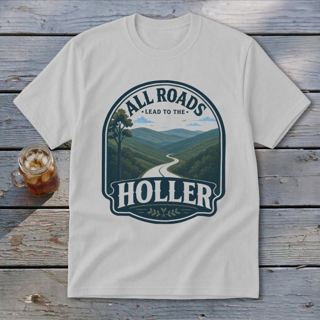 White t-shirt with "All Roads Lead to the Holler" graphic featuring a winding road through mountains.