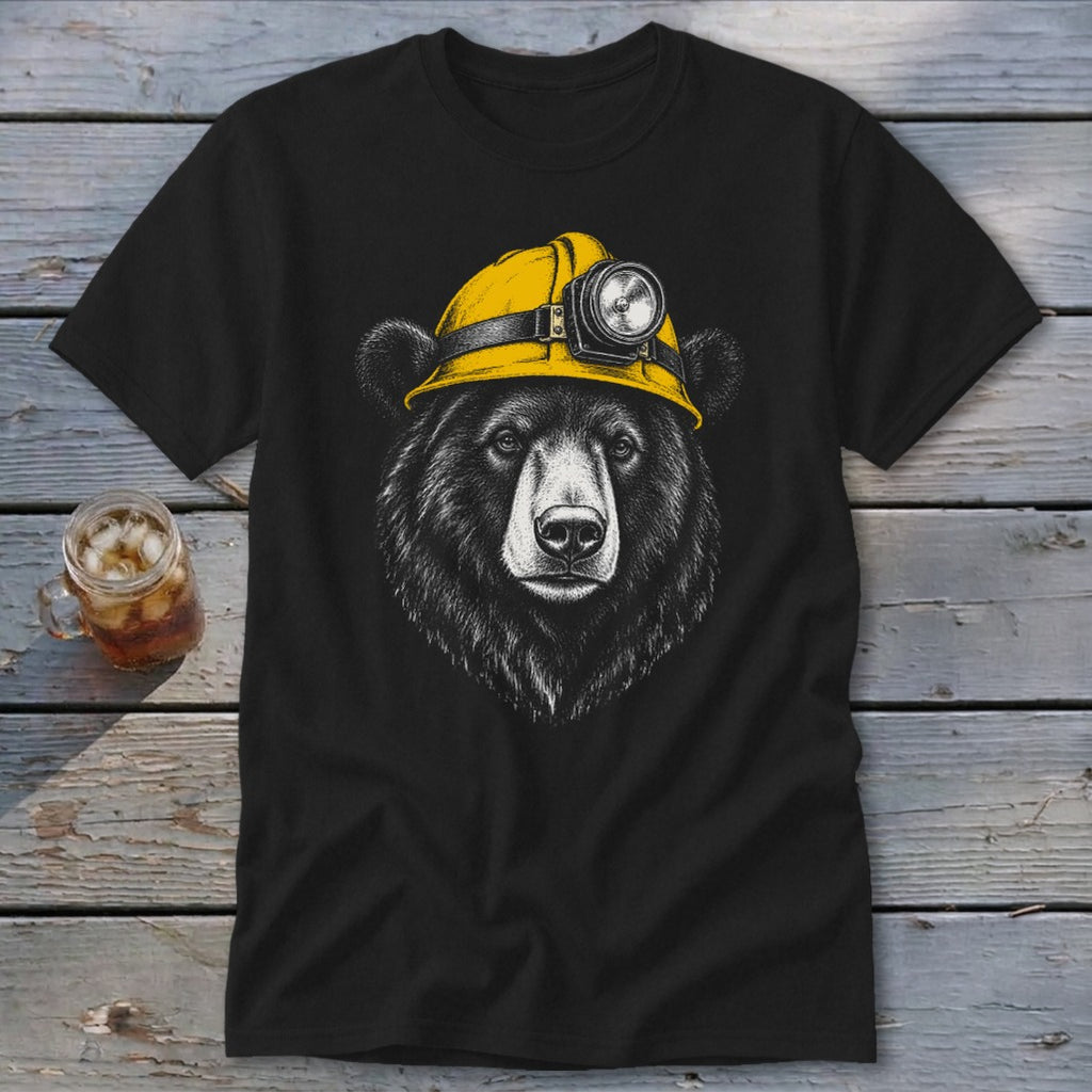 Black t-shirt with a drawing of a bear wearing a yellow hard hat with a headlamp.