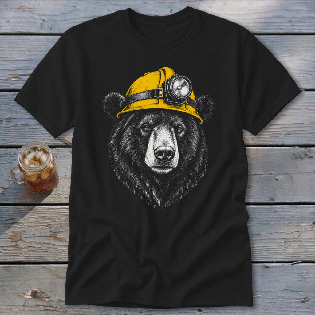Black t-shirt with a drawing of a bear wearing a yellow hard hat with a headlamp.
