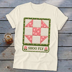 Cream t-shirt with Shoo Fly quilt block design and text.