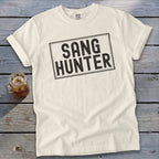 Cream t-shirt with black text "SANG HUNTER" in a rectangular frame.