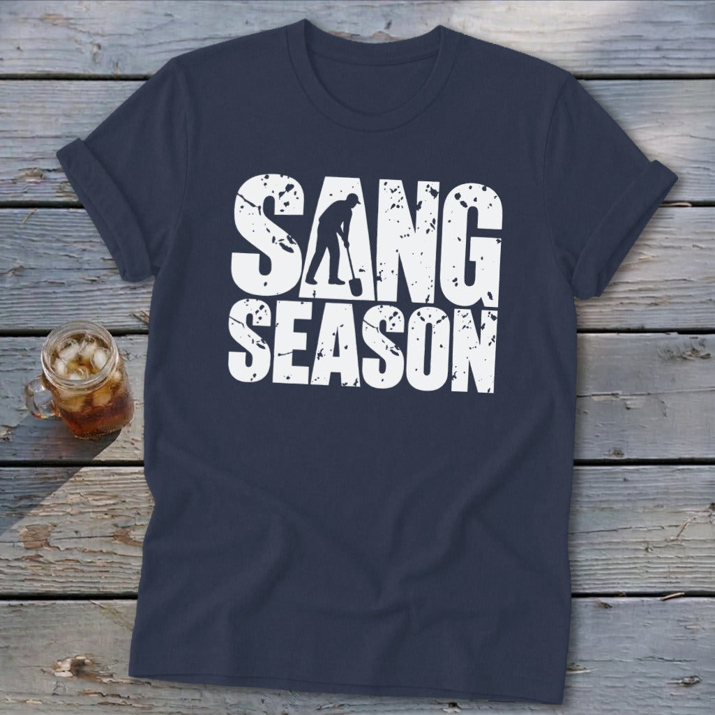 Dark blue t-shirt featuring white distressed text reading SANG SEASON with a silhouette digging.