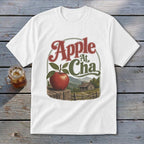 A white short-sleeved t-shirt features a graphic with the text Apple At Cha above a landscape illustration.