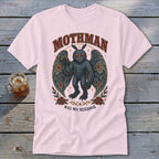 Pink t-shirt with Mothman artwork: "MOTHMAN WAS MY NEIGHBOR".