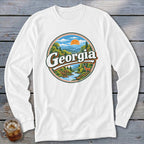 White long-sleeve shirt with circular Georgia graphic featuring a river and deer.