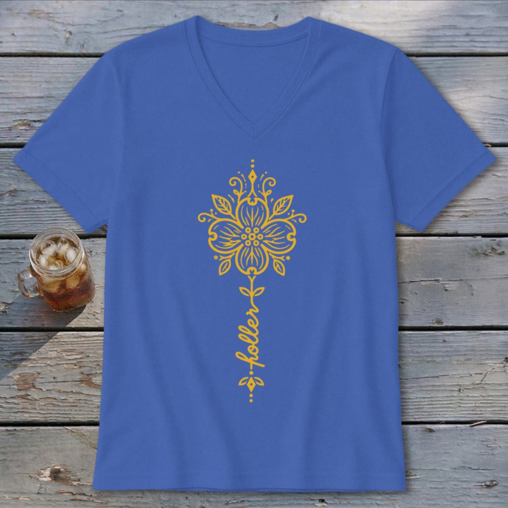 Blue v-neck t-shirt with yellow floral design and the word "holler".