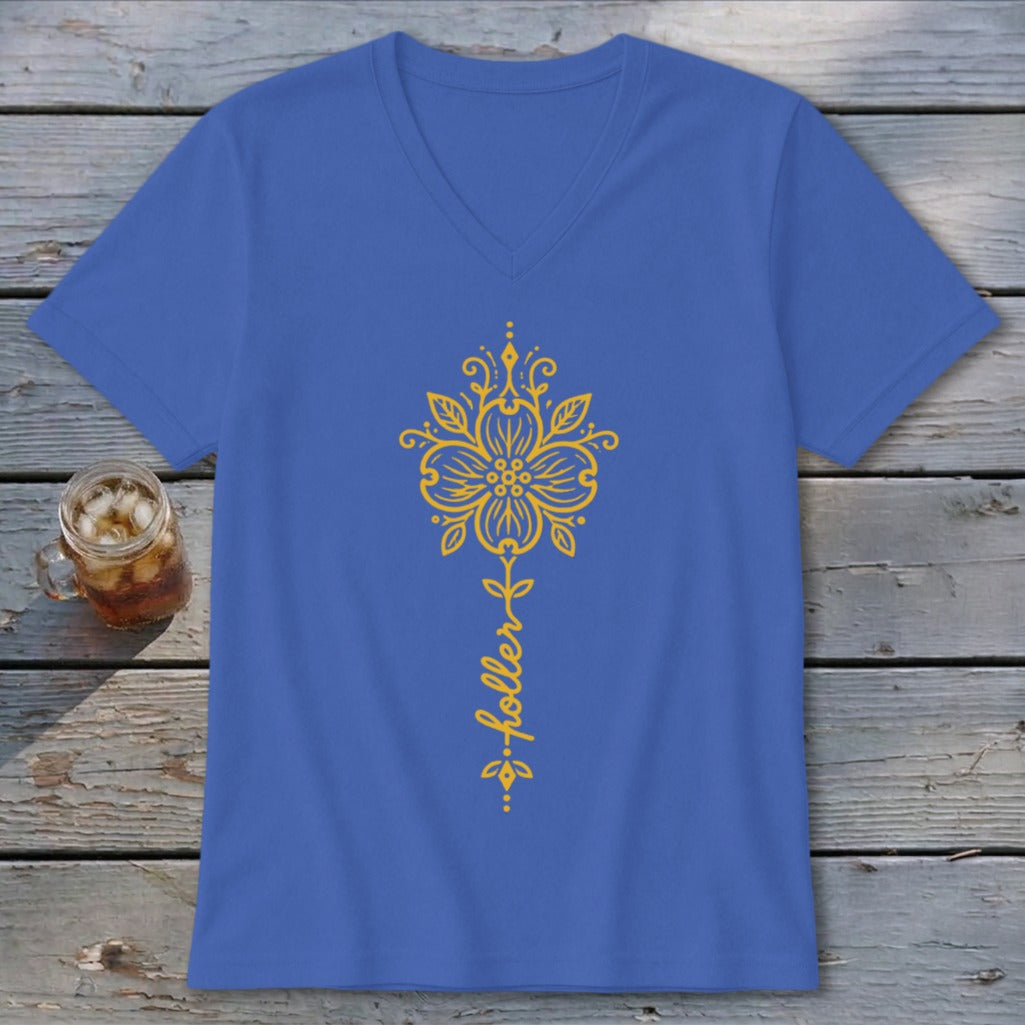 Blue v-neck t-shirt with yellow floral design and the word "holler".