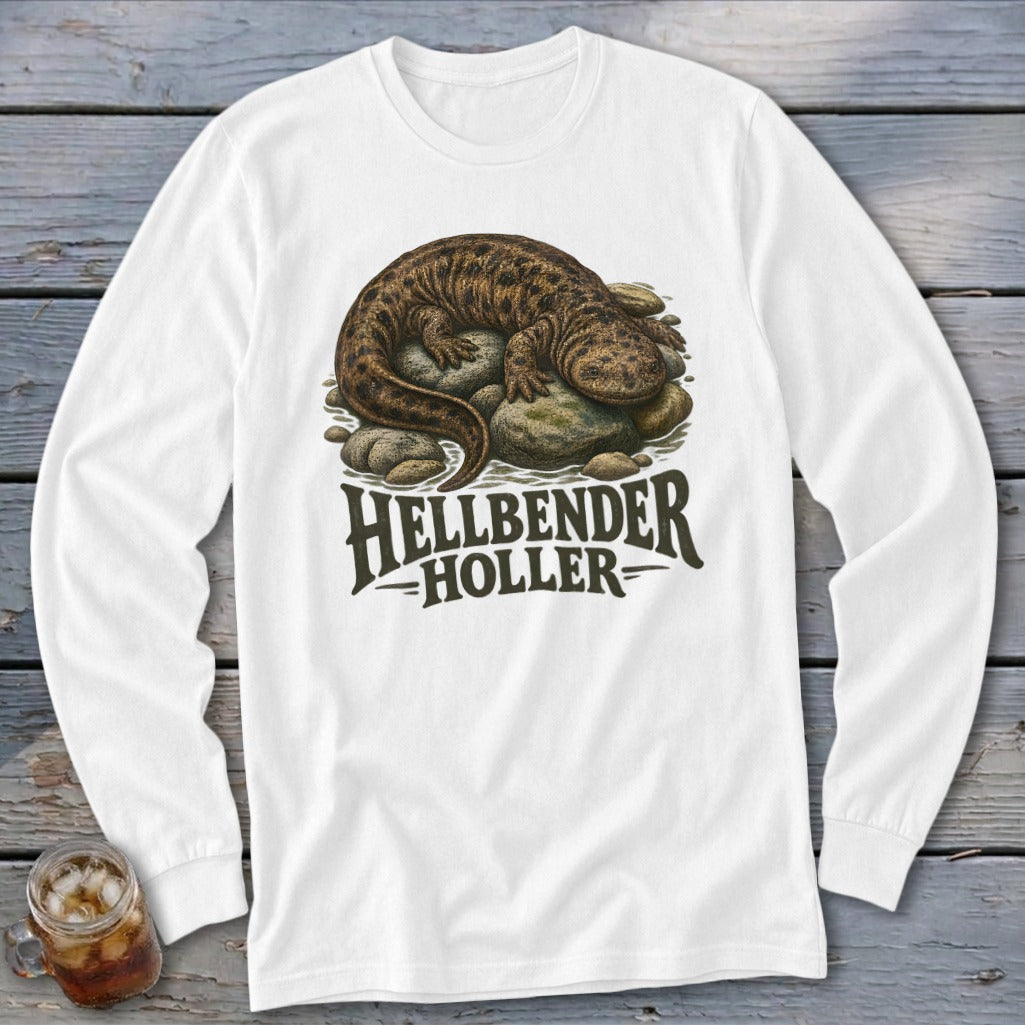 White long-sleeve shirt with a hellbender salamander and text reading "HELLBENDER HOLLER".