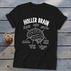 Black t-shirt with "HOLLER BRAIN" and a diagram of a brain with humorous captions.