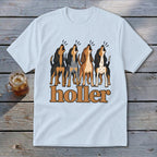 Light blue t-shirt with four howling dogs and the word "holler" in large letters.
