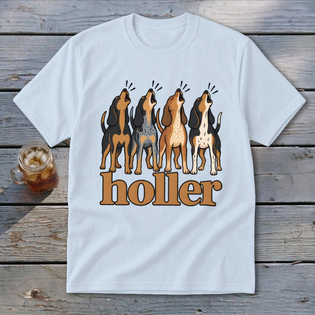 Light blue t-shirt with four howling dogs and the word "holler" in large letters.